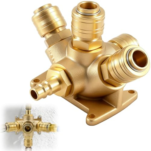 Druckluftverteiler Wanddose, Messing Druckluft Verteiler, Schnellkupplung Druckluft 4-Fach, Schnellkuppler Druckluftkupplung mit 1 x 1/2 Stecknippel und 4 x 1/2 Kupplungsdosen NW 7,2 Luftweiche