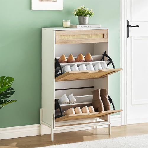 Garvee Zapatero Estrecho con 2 Solapas y 1 cajón, Cajones Abatibles y Estantes Ajustables, Mueble Delgado para Entrada Pasillo o Porche, para 14 Pares Botas y Tacones, Color Blanco, 60x24x102 cm