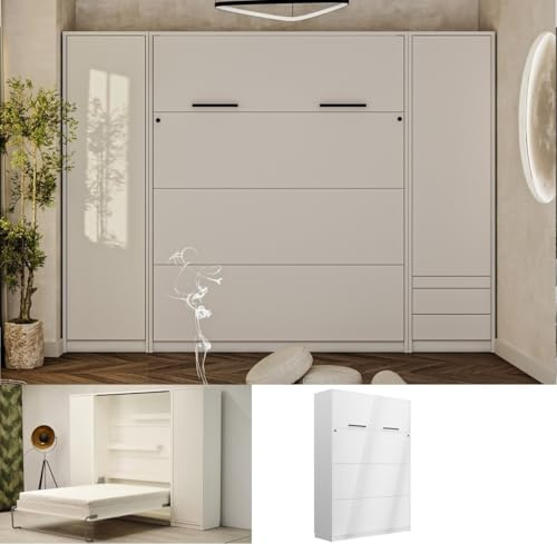QMM Schrankbett Wandklappbett vertikal GN 160x200 mit 2 Schränken & LED-Beleuchtung (Weiß Hochglanz (Fronten))