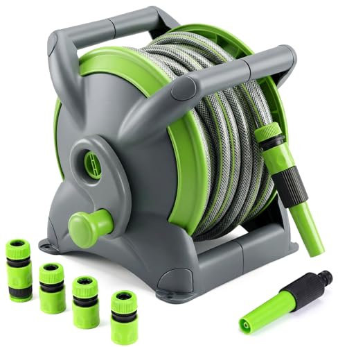 HumiLuft Avvolgitubo da giardino 20 m, avvolgitubo 2 in 1 autoportante o da parete con 6 modalità di spruzzo, avvolgitubo flessibile ø15 mm con guida per tubo, ugello e connettore, adatto per lavaggio