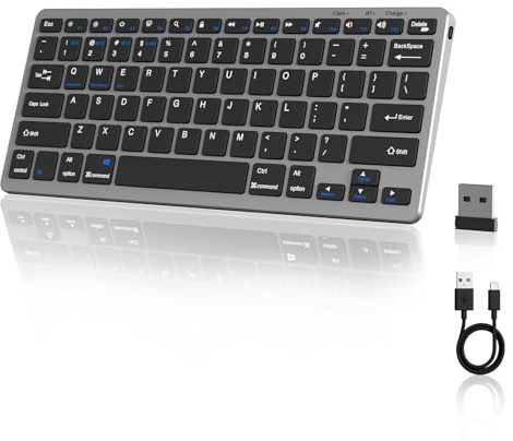 SQQSOOZ Wireless Bluetooth Keyboard, Stainless Steel 2.4G BT Keyboard for Windows/Android/iOS, Ultra-Thin 78 Keys, Rechargeable, Quiet Typing, Type-C USB, for Laptop/Desktop/Smart TV/PC, Grey Black