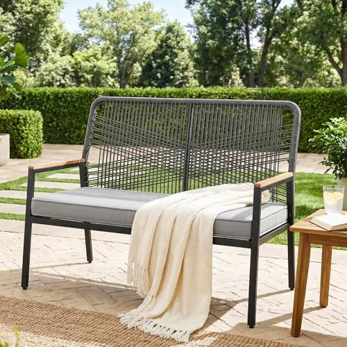 LIFERUN Gartensofa Rattan, 2-Sitzer Rattansofa Polyrattan, 64x115x94cm,Grau | Sitzbank Outdoor, Gartenmöbel Metall und Rattan, Wetterfest, WPC Armrest, Balkon Bank für Terrasse,Garten und Veranda