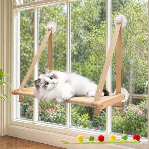 Cat Window Bed, Wooden Large Cats Hammock for Indoor, Foldable Cat Window Perch with Heavy Duty Upgrade Suction Cups & Interactive Tomato Catnip Toy, for Sunbathing & Viewing - 52x39.5 x59cm