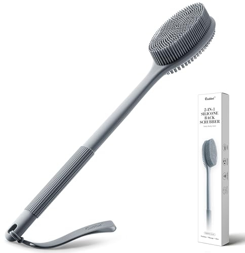 CORATED 44.5 cm Silikon-Rückenbürste, Doppelseitige Duschbürste, Grau | Langer Griff, mit Aufhängeseil zur schnellen Trocknung, doppelseitige für Reinigung, Peeling, ideal für jedes Familienbad