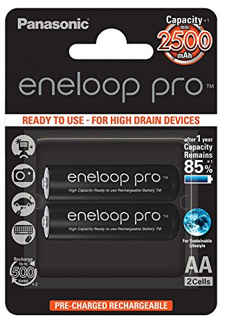 Panasonic eneloop pro ready-to use Ni-MH battery, AA/Mignon, 2-pack, min. 2500 mAh, 500-charge cycle life, with very high power performance and low self-discharge, rechargeable battery