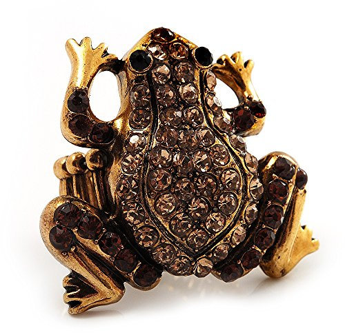 Bague flexible Grenouille avec strass Ambre (métal doré antique) – Taille 8/9 (extensible), taille unique, Métal, Ambre