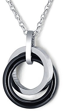 Hanessa Damen-Schmuck silberne Hals-kette mit Ring in Ring-Anhänger Edelstahl Keramik in Silber/Schwarz Geschenk zu Weihnachten für die Ehe-Frau/Freundin/Frauen