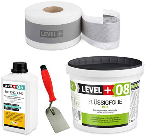 Dichtset 7 Kg Flüssigfolie 5m Dichtband Tiefengrund 1L Spachtelkelle 60mm 1 Stk. Abdichtung Dusche Bad SET04