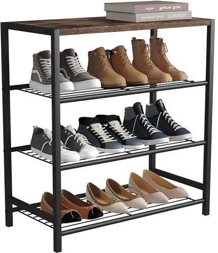 HOME BI 4-Tier Industrial Shoe Rack,Metal Shoe Storage Organizer Shelves with Stable Metal Frame, Shoe Organizer for Closet, Hallway, Entryway, Living Room, Rustic Brown