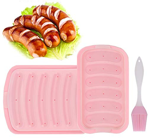 Silikon Hot Dog Formen, 2 Stücke Wurstform, Wurstherstellung Schimmel, Mit Luftlochabdeckung, Gewürzbürste, für Eierwurst, Babyzusatz, Lce Candy, Gelee, Schokolade (Pink)