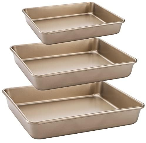 Dicunoy Set of 3 Deep Baking Pans, Nonstick Rectangle Cake Baking Sheet for Oven, Bakeware Bread Pans, Heavy Duty Carbon Steel Bread Tray, Bake Mold Turkey Roasting Pan, 8,11,12 inch