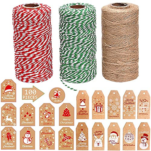 OEMG 150M Spago per Decorazioni + 100 Etichette Regalo Natalizie Kraft, 2mm Naturale Spago Iuta e Spago Verde Bianco e Rosso Cotone Baker Twine, per Confezioni Regalo Cucina Cottura DIY l'artigianato