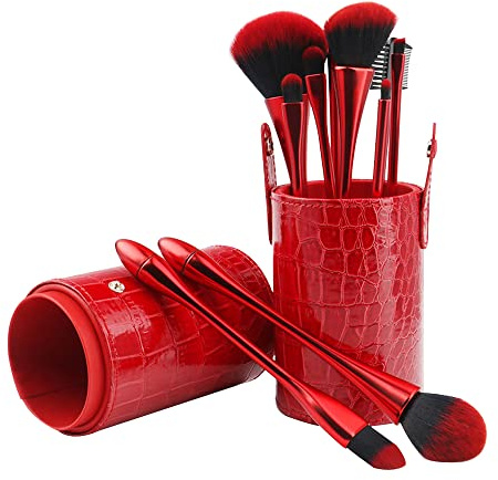 Layboo Makeup Brushes Set Professional 10 Pcs Plastic Makeup Brush Set with Foundation Concealer Blush Eyeshadow Brush Portable with PU Storage Bucket(Red)