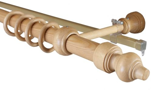 Holz Gardinenstange 28 mm mit U-Schiene Farbe Eiche hell, Gardinenstange 2-läufig Wandmontage 320 cm (mittig geteilt)