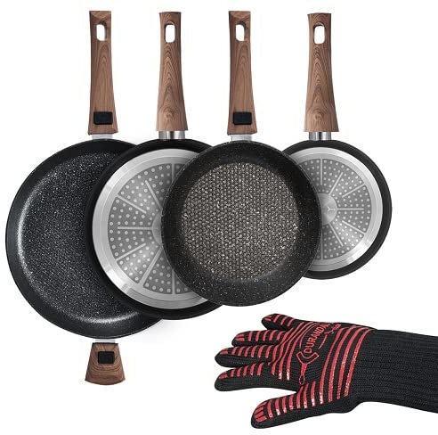 Durandal Pfanne Légende - 4er Set - Bratpfanne mit Abnehmbarem Griff - Servierpfanne antihaftbeschichtet - Aluminiumpfannen - Induktionspfanne (20 + 24 + 28 + 32 cm mit Ofenhandschuh)