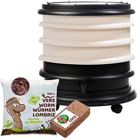 WORMbox | Wurmkomposter Wurmfarm Wurmkiste mit 3 Schalen Elfenbein + 250g Kompostwürmer / 500 STK + 1 Coco | 48 Liter | Regenwurmkomposter, Kompostwürmer produzieren Wurmhumus