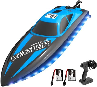 volantexrc Barco Teledirigido RC 2.4GHz - Barco de Carreras 20+ km/h con Luces LED, 2 Baterías, para Piscinas y Lagos Juguete Acuático para Niños y Adultos (Azul)