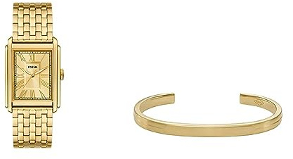 Fossil Herrenuhr Carraway und Manschettenarmband - Dreizeigerwerk, goldfarbener Edelstahl