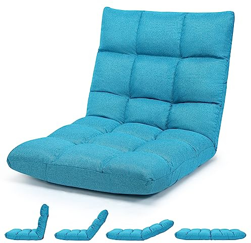 COSTWAY Folding Sofa Chair, 14-Positions Adjustable Lazy Floor Sofa Bed, Single Padded Lounge Sleeper Recliner Floor Chair Seat for Meditation, Gaming and Reading (Peacock Blue)