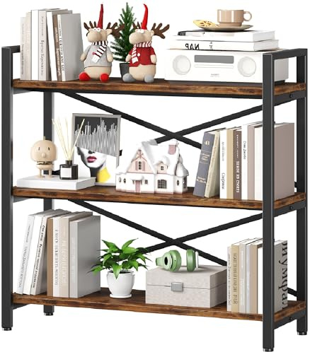 3 Tier Bookshelf 31.49 Width, Wood and Metal Etagere Bookcase, Vintage Farmhouse Modern Wooden Big Book Shelf for Home Living Room Bedroom Office Storage(Rustic Brown)