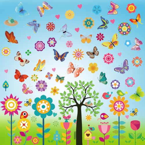 9 Frühlings-Fensteraufkleber, Vinyl, selbstklebend, Glas, Vinyl, für Fenster, Blume, Vogel, Anti-Kollisionsaufkleber, Frühlingsaufkleber, Dekoration für Heimdekoration