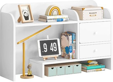 INGROWING 3-stufiges Holz-Desktop-Bücherregal, Mehrzweck-Holzstall-Aufbewahrungsorganisator mit 2 Schubladen, geeignet für Büros und Arbeitszimmer