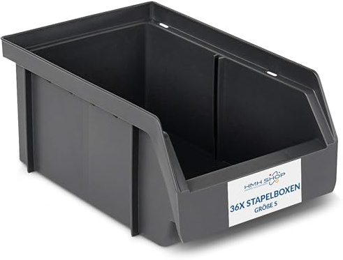 HMH Stapelboxen der Größe S 161x105x75mm für dein Kleinteilelager Sichtlagerkästen in 5 Farben Zubehör wie Deckel Trennsteg Etikett Wandschiene Sortierkisten (Grau / Anthrazit, 36 Stück)