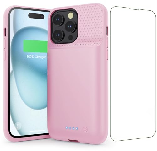 Feob Funda Batería para iPhone 15 Pro MAX,【15W Carga Rápida & Potente】 8600mAh Funda Cargador Portatil Carcasa Batería Recargable Ultra Capacidad Batería Externa para iPhone 15 Pro MAX [6,7] - Rosa