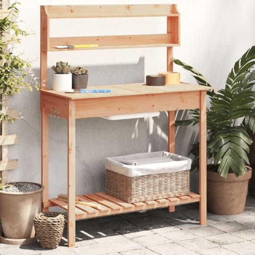 CIADAZ Pflanztisch mit Spüle aus Tannenholz, 147,5 x 44 x 139,5 cm, Gewächshäuser, Gartenarbeitsbank, Werkbank für Blumentöpfe, Gartentisch - 156347