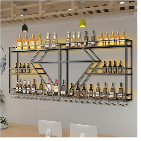 Weinregal Wand Aus Metall, Wandmontage Bar-Einheit Mit Weinglasregal, Flaschenhalter, Schwebende Regale, Weinregale, Eisen-Display-Ständer, Weinhalter Mit Regalen, Für Zuhause, Restaurant, Bars(Black,