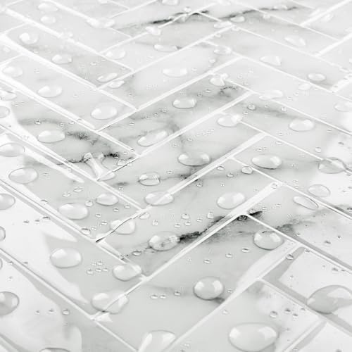 Livelynine Baldosas Adhesivas Pared Cocina Marmol Gris Claro 30x30CM Azulejos Adhesivos Cocina 3D Efecto Chevron Azulejos Adhesivos Baño Impermeable Vinilos Baño Azulejo 3D Gris Blanco, 4 Losetas