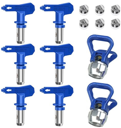 comeder Airless Paint Sprayer Tips, 6 Pcs Reversible Airless Paint Sprayer Nozzle Tips, Spray Paint Tips with 2 Nozzle Guards for Home Roof Deck Fence (211, 315, 417, 515, 517, 523) (Blue 1)