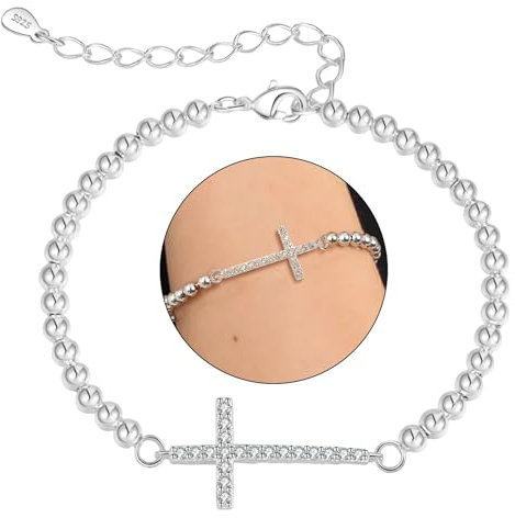 VEEDOFA Silver Bracelet for Women - Hypoallergenic 925 Sterling Silver Bead Cross Charm Bracelet for Friendship with Premium Gift Box Jewellery for Women