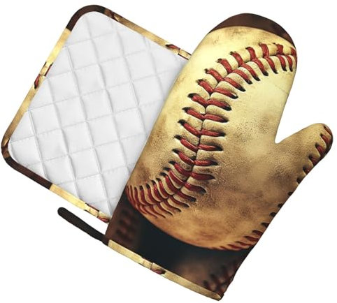 Ofenhandschuhe und Topflappen, 2-teiliges Set, Ofenhandschuh zum Kochen, Vintage-Stil, amerikanischer Baseball-Ofenhandschuh, hitzebeständig, Küchenhandschuhe und heiße Pads, rutschfeste