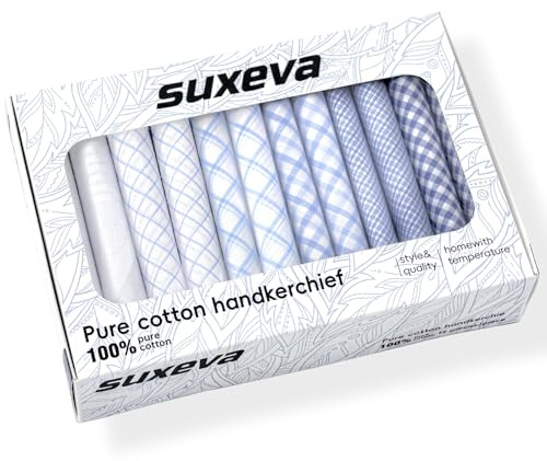 suxeva Gifts Cotton Handkerchiefs 100% Soft Cotton 12-Pack White handkerchif and Blue cotton handkerchief for Men and Women