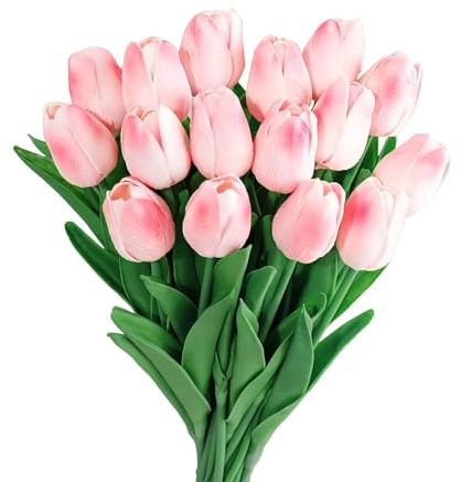 GIUSOBG Tulipani Artificiali 15 Pcs Fiori Artificiali Finti 34cm Tulipani in lattice Fiori Finti di Realistici Bouquet di Fiori finti per Casa per Matrimoni,Giardino (Rosa)