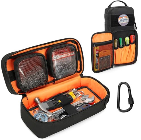 Rexmica Heavy Duty Small Tool Bag Storage with 2 Zipper Pouches, Multi-functional Tactical Molle Tool Organizer Case with Locking Carabiner for Camping, Road Trip, Electricians, EDC, Multimeter Case