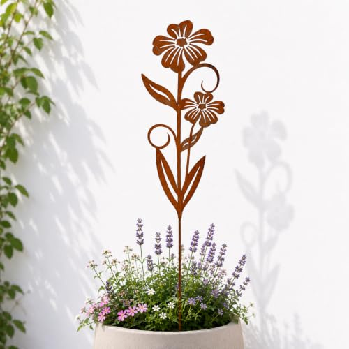 Terma Gartenstecker Rost Blume Anemone – Edelrost Metall Gartendeko, Rostfigur für Garten & Beet, Wetterfeste Rost-Deko, Höhe 40 cm