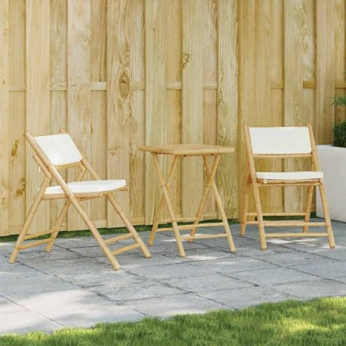 Eleganz Klappbares 3-TLG. Bistro-Set aus Bambus mit cremeweißen Kissen - Ideal für Balkon, Terrasse oder Garten - Langlebig & umweltfreundlich