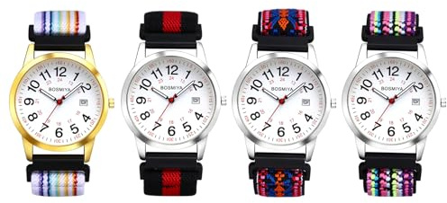 JewelryWe Boho Uhr mit Geflochten Elastischem Stoffarmband Damen Herren Kalender Analog Quarz Armbanduhr Farbig Gewebt Stretcharmband Senioren Uhr mit 12/24 Stunden Großen Zahlen Zifferblatt