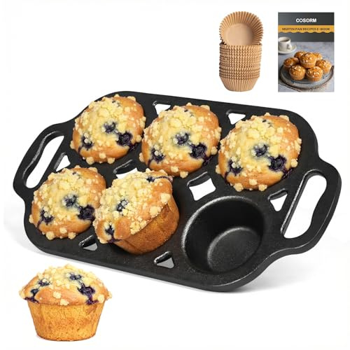 COSORM 6 Cup Cast Iron Muffin Pan - Pre-Seasoned Nonstick Muffin Tin, Regular Size Cupcake Baking Pan
