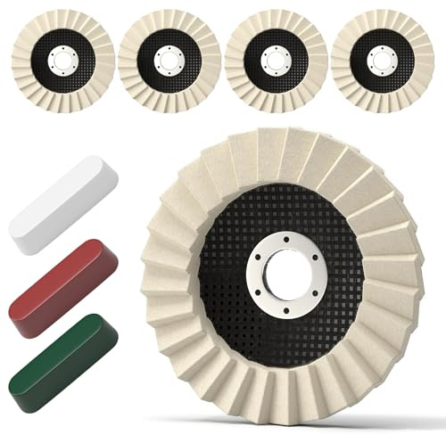 8 Stück Polierscheibe & Compound-Kit – 5 dicke Arbor-Puffing-Räder 115mm x 22 mm + 3 Polierungsmittel – Filzklappenscheibe für Winkelschleifer – Multi-Surface-Puffing für Metall, Holz und Automobil