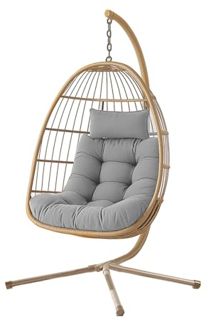 Home Republic Foldable Hanging Egg Chair with Stand – Rattan Swing Chair with Grey Cushions & Headrest – Indoor/Outdoor Garden Patio Use Hammock Pod (Bamboo, 1 Seater)