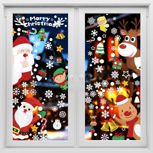 SLWOO Fensterbilder Weihnachten Selbstklebend, 248 Stück Fensterdeko Weihnachten mit Schneeflocken Weihnachtsmann Elch, Wasserdicht, PVC, Weihnachtsgeschenke Aufkleber für Fenster Tür Weihnachtsdeko
