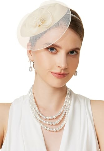 BABEYOND Women Fascinator Mesh Flowers Headband and Hair Clip Beige