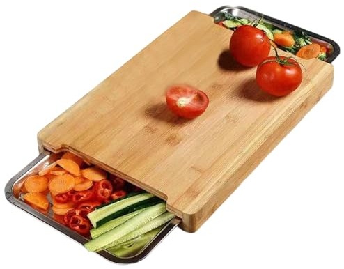 CAKEEYUM Tabla de Cortar con Bandeja, Tabla de Cortar de bambú Natural con Bandeja extraíble Antiadherente, prácticas Herramientas de Cocina para, Picar y tallar bambú, B