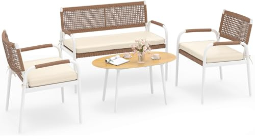 COSTWAY Rattan Gartenmöbel Set, Outdoor Lounge Möbel, Balkonmöbel, Sitzgruppe mit 2 Stühlen, Bank, Tisch und Kissen, Sitzgarnitur, Terrassenmöbel, Gartengarnitur für Terrasse, Garten, Balkon