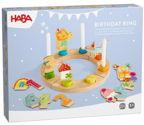 HABA Kinder Geburtstagskranz – Holz-Deko mit Kerzenhaltern & Steckfiguren | Flexibler Holzkranz mit Jahreszahlen 1–6 für jede Geburtstagsfeier