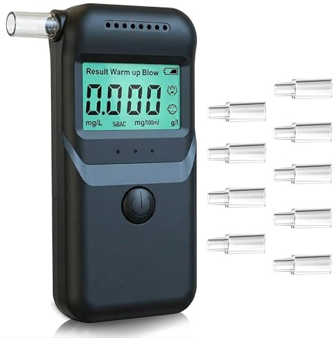 Alkoholtester Professioneller Alcohol Tester - Tragbarer Promilletester | mit Digitalem LCD-Anzeige Hochpräziser Promillemessgerät mit 10 Mundstücken Atemalkoholtester Heim Partygebrauch