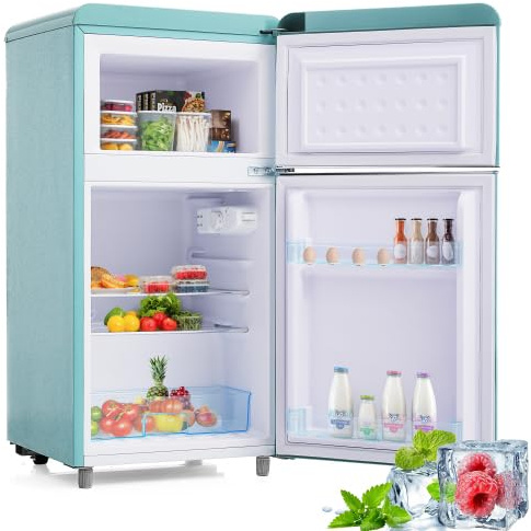 Merax Retro Kühlschrank mit Gefrierfach – 72L Mini Kühlschrank, 21L Gefrierfach, 120 kWh/Jahr, Energieklasse E, LED-Licht, Cyan – Ideal für kleine Haushalte